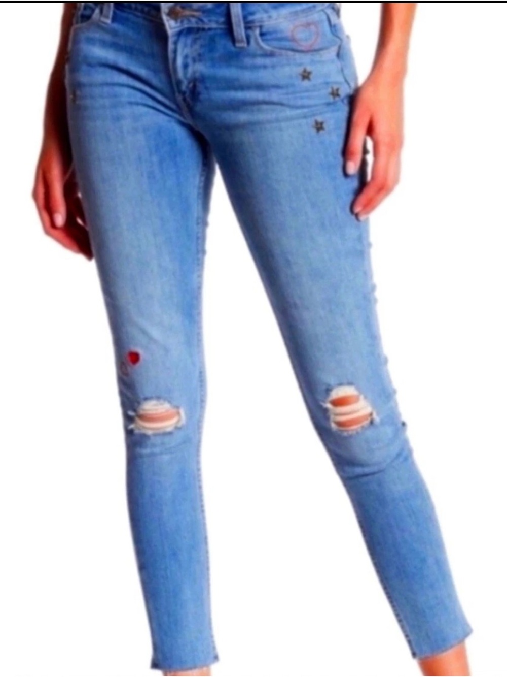 Levi's Light Blue Cropped Distressed Skinny Jeans with Star & Heart Details